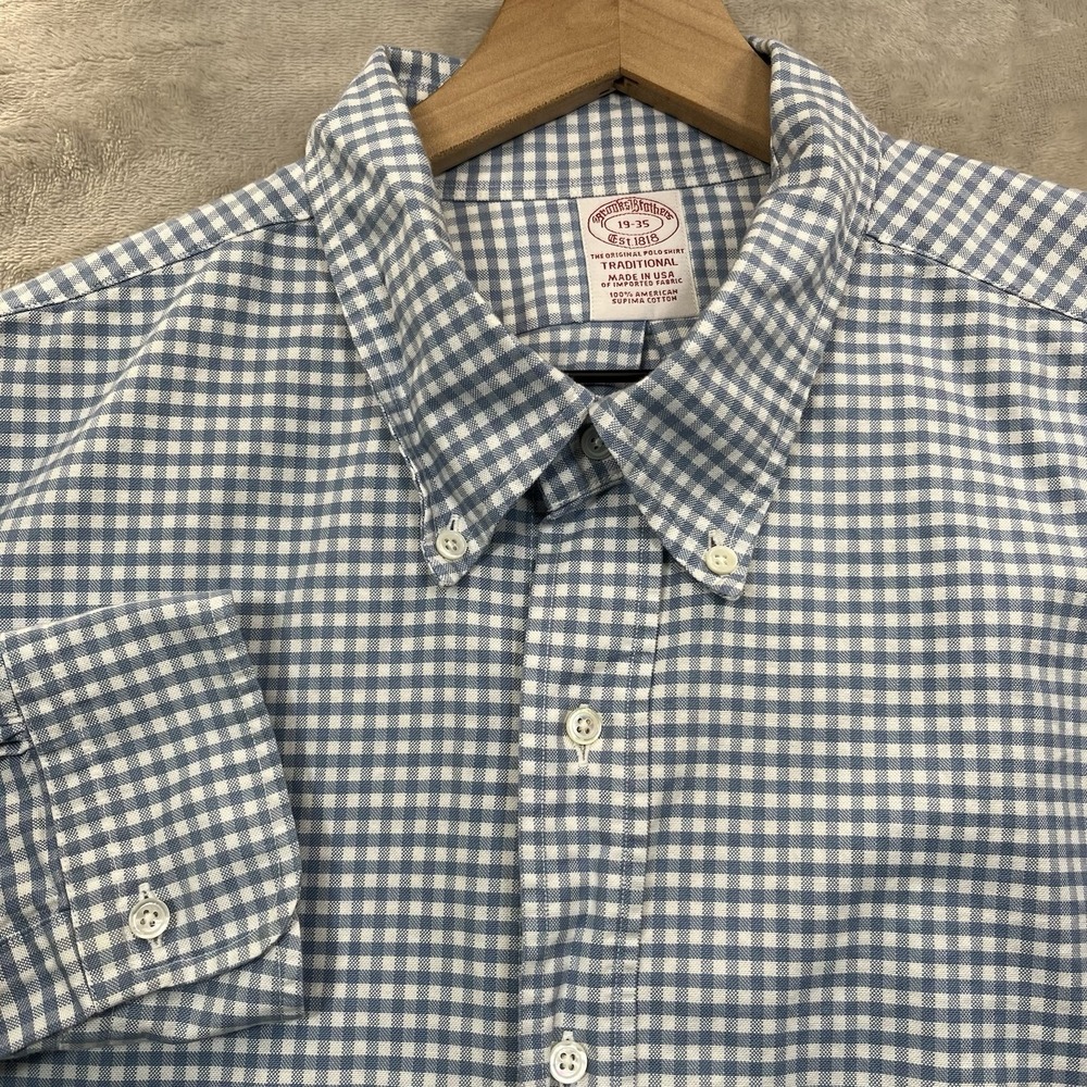 Brooks Brothers‎ Shirt Mens 19-35 Blue Gingham *STAIN* North Carolina USA